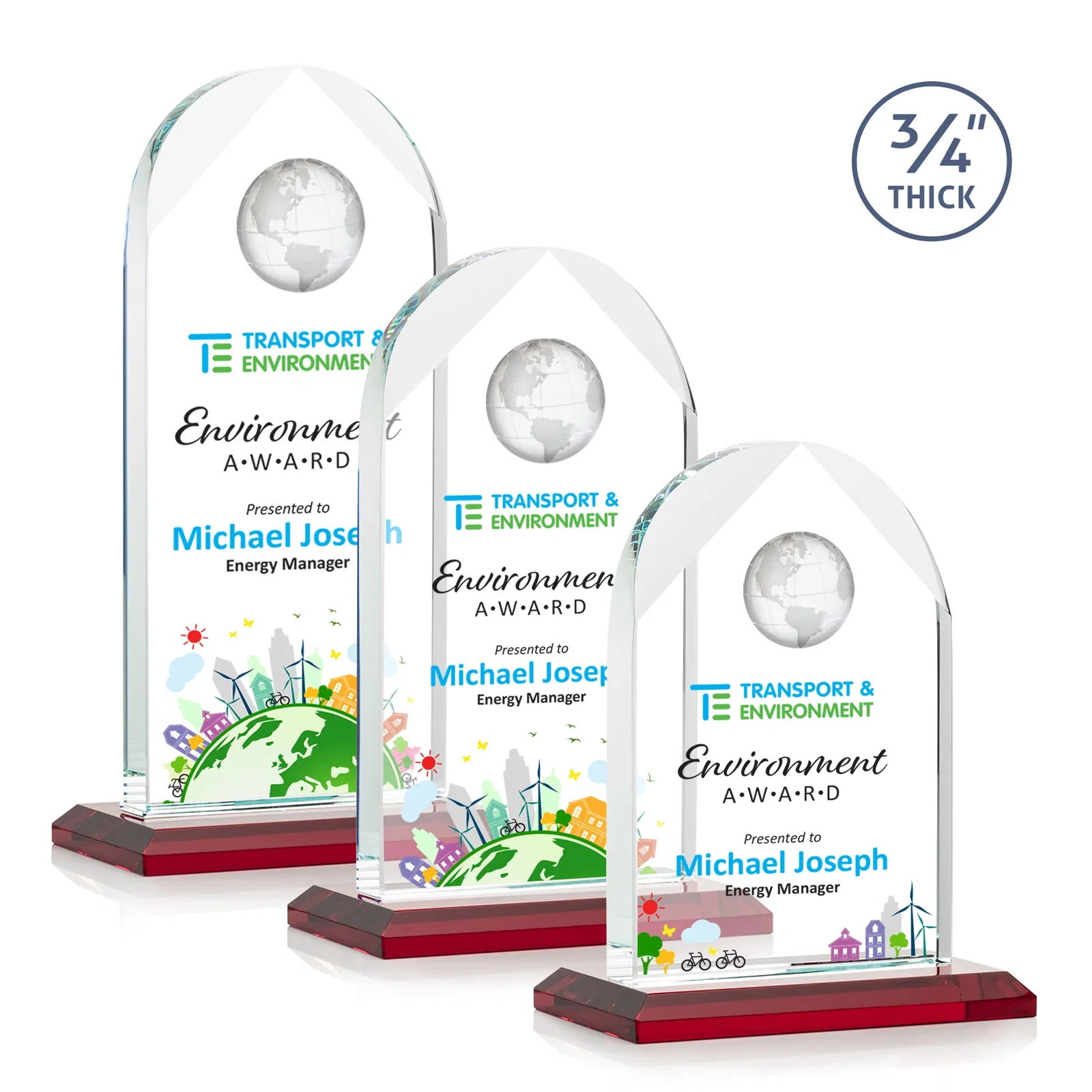 Custom printed Starfire Crystal Arch Award with Optical Crystal Globe on Top for retirement presentations