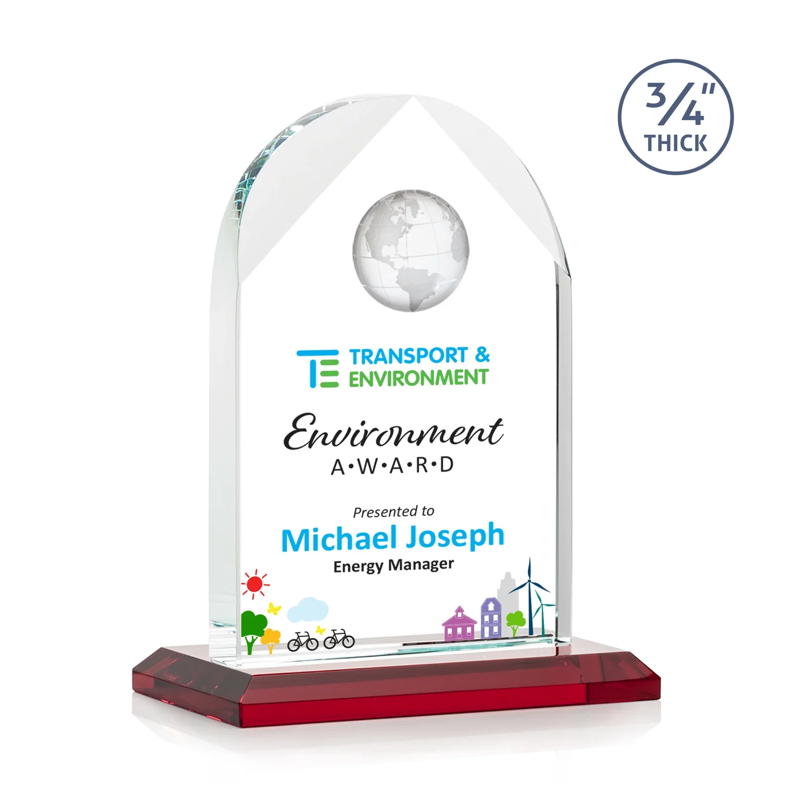 Custom printed Starfire Crystal Arch Award with Optical Crystal Globe on Top for team milestone celebrations