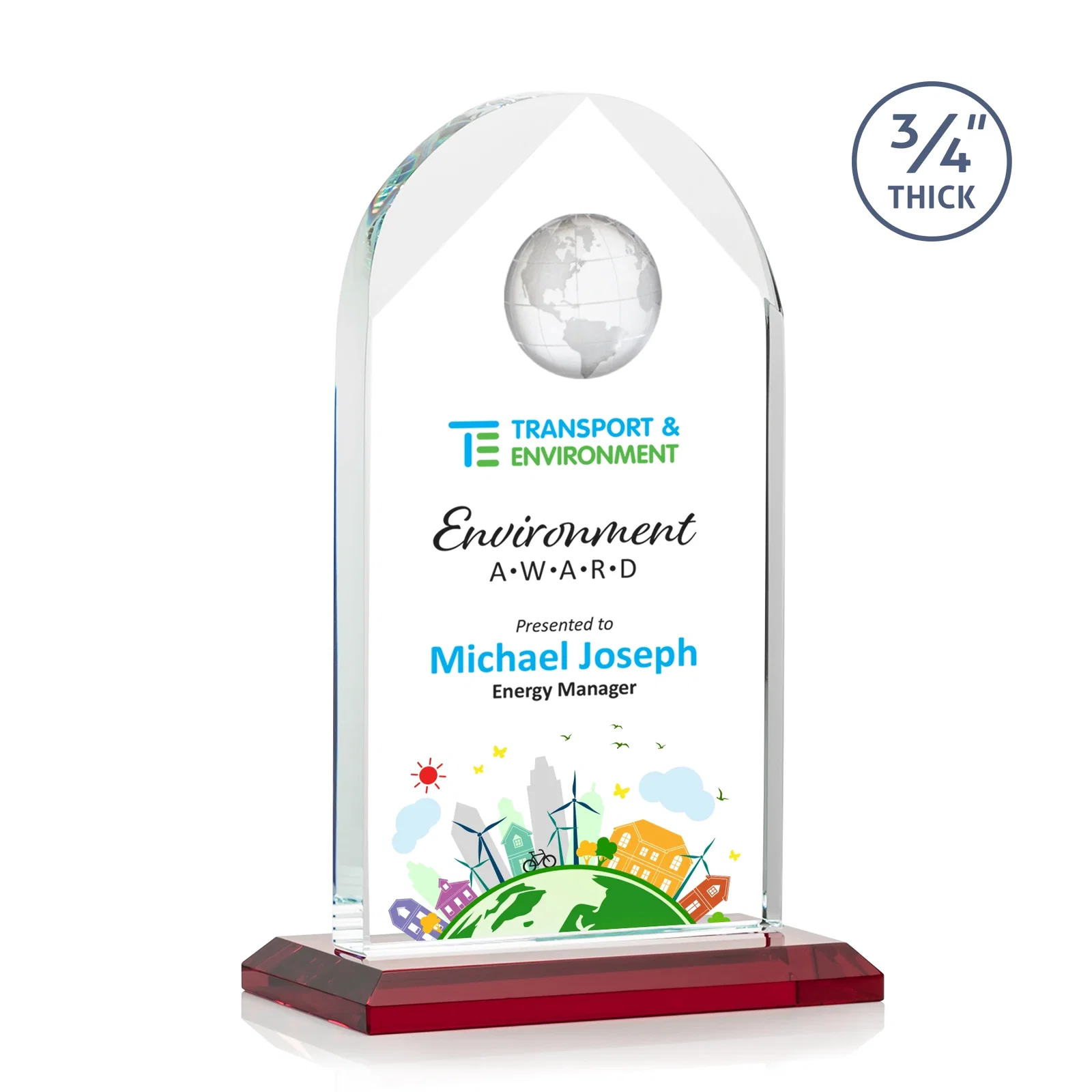 Custom printed Starfire Crystal Arch Award with Optical Crystal Globe on Top for donor appreciation