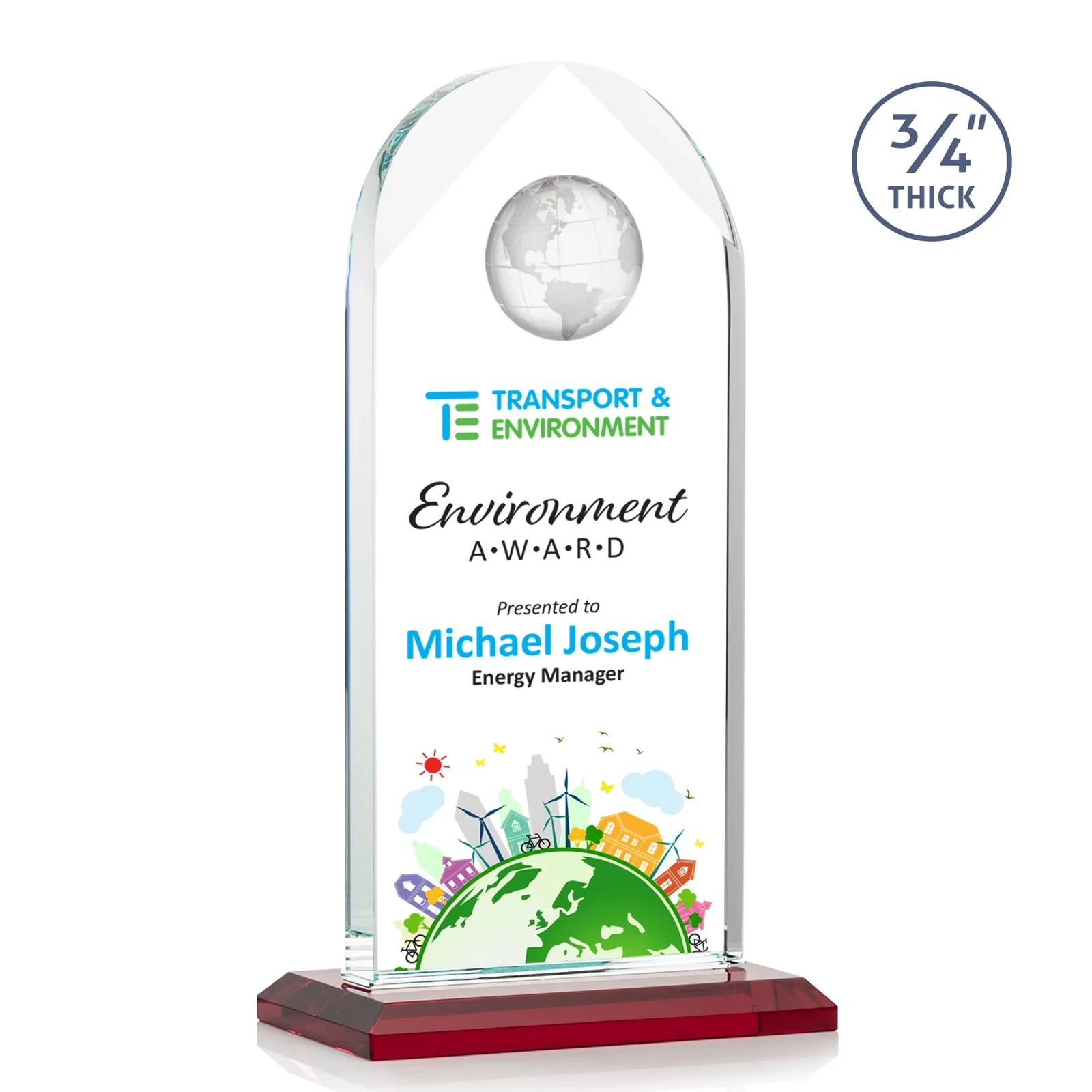 Custom printed Starfire Crystal Arch Award with Optical Crystal Globe on Top for graduation ceremonies