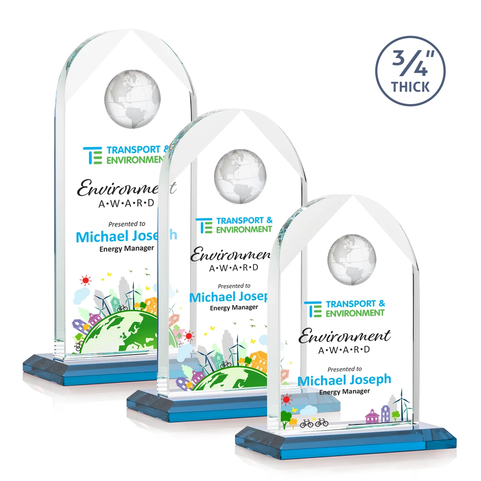 Custom printed Starfire Crystal Arch Award with Optical Crystal Globe on Top for safety achievement programs