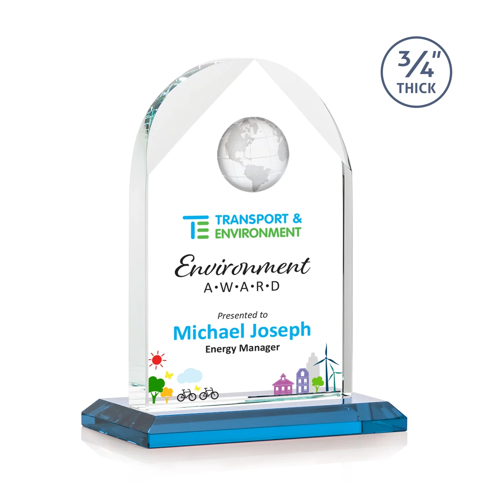 Custom printed Starfire Crystal Arch Award with Optical Crystal Globe on Top for volunteer appreciation
