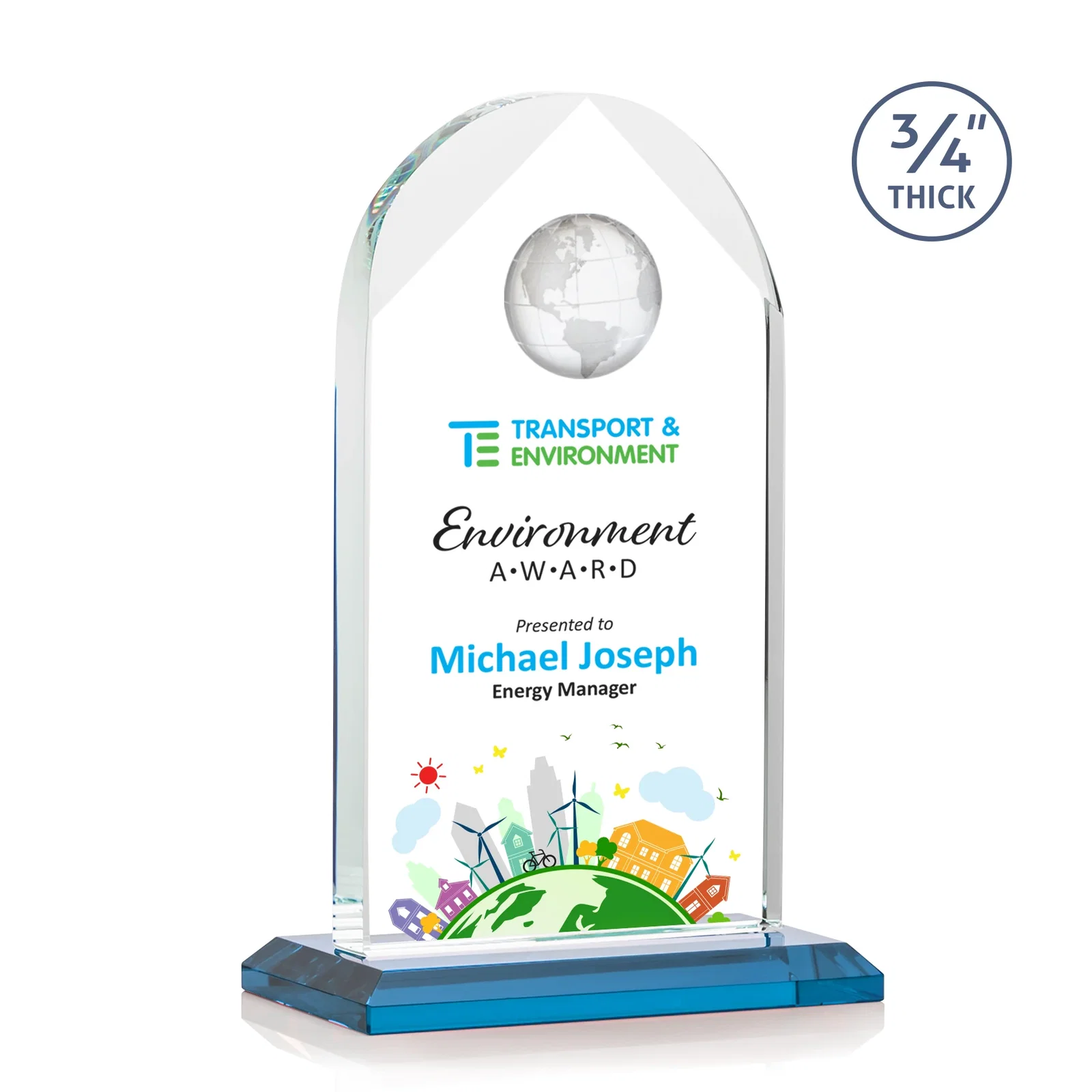 Custom printed Starfire Crystal Arch Award with Optical Crystal Globe on Top for dealer and partner awards