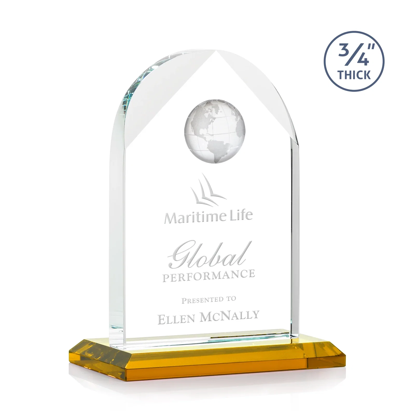 Custom Starfire Crystal Arch Award with Optical Crystal Globe on Top for team milestone celebrations