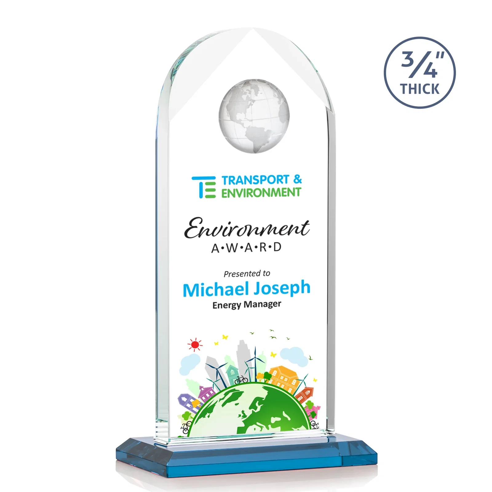 Custom printed Starfire Crystal Arch Award with Optical Crystal Globe on Top for company anniversary events