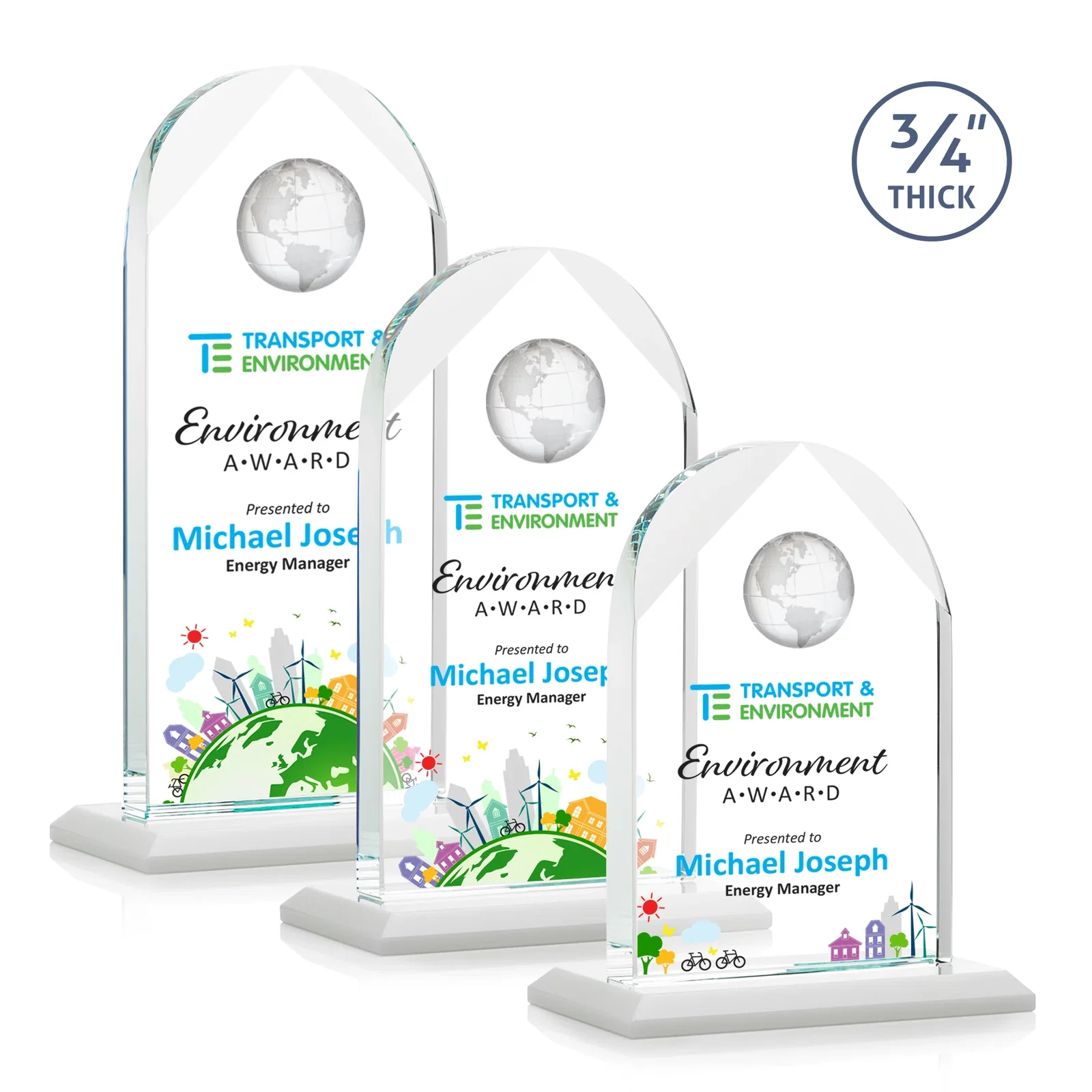 Customized Starfire Crystal Arch Award with Optical Crystal Globe on Top for employee recognition