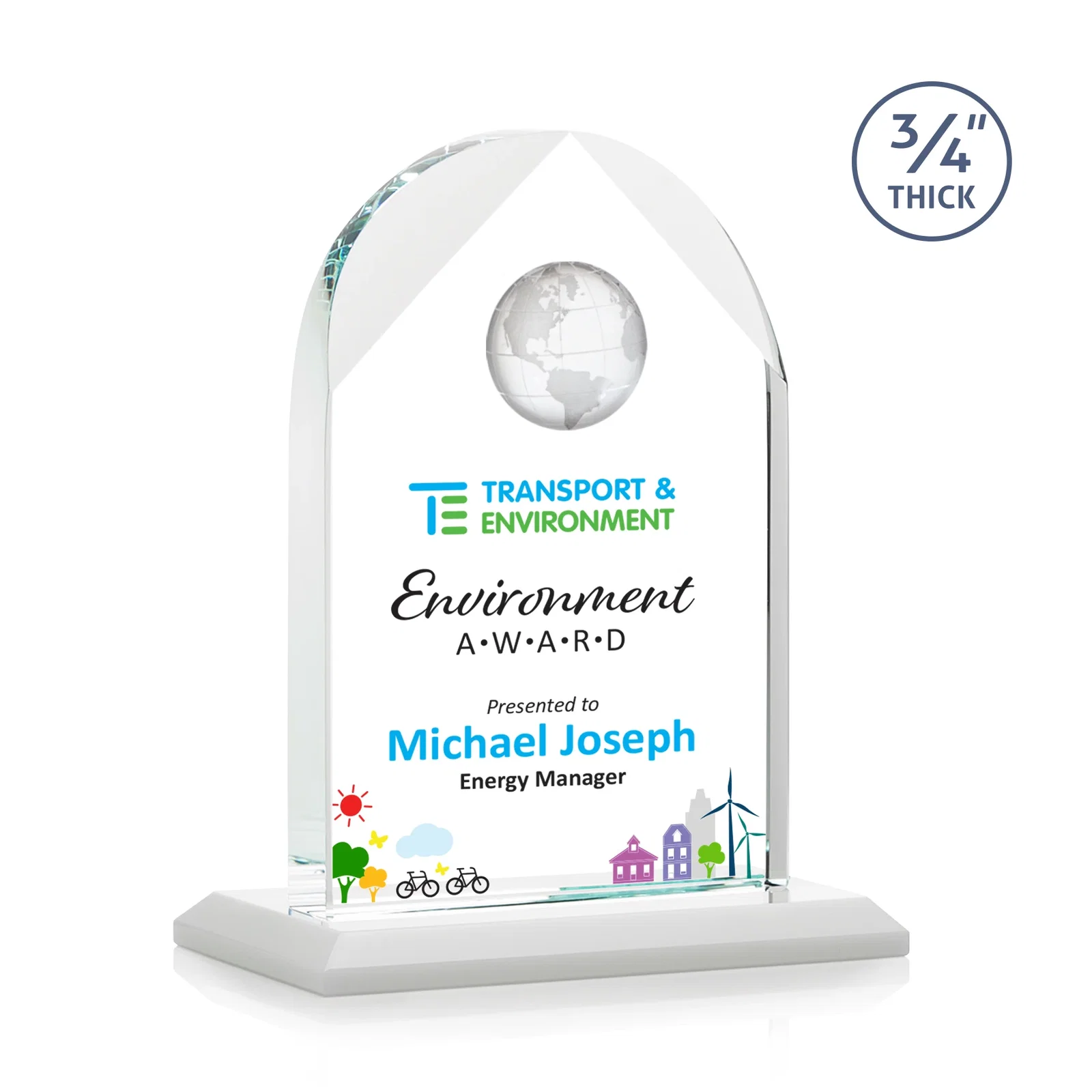 Customized Starfire Crystal Arch Award with Optical Crystal Globe on Top for corporate award ceremonies