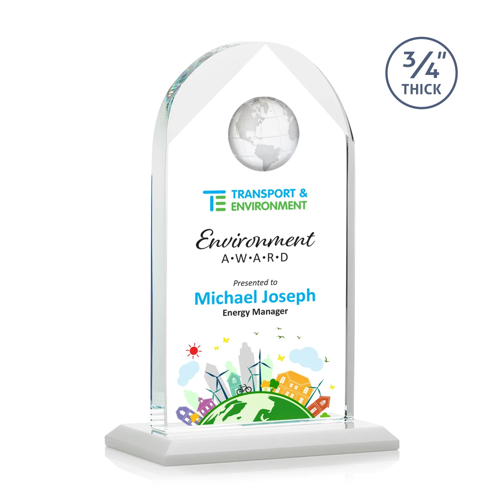 Customized Starfire Crystal Arch Award with Optical Crystal Globe on Top for service anniversary gifts