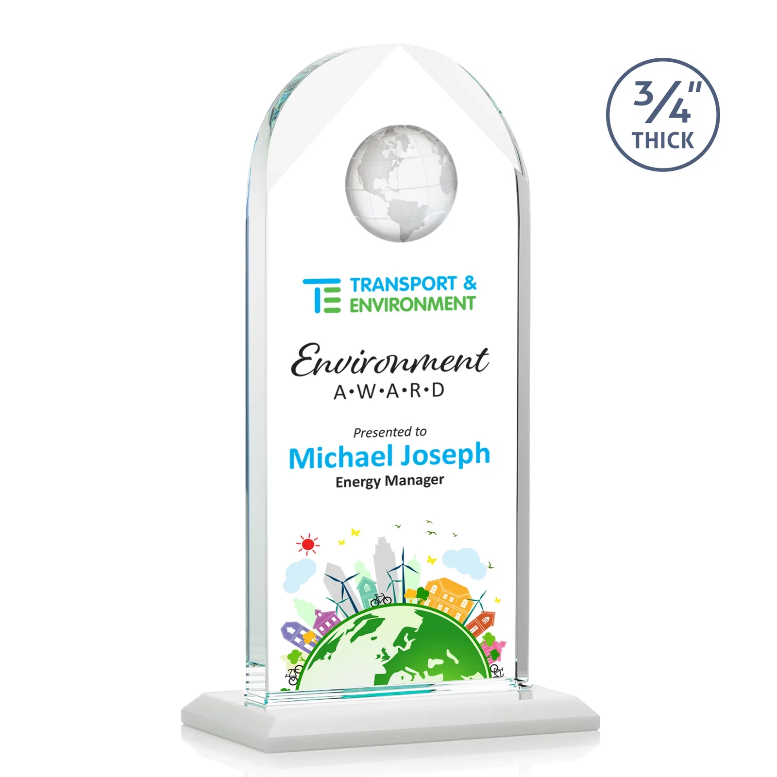 Customized Starfire Crystal Arch Award with Optical Crystal Globe on Top for sales achievement awards
