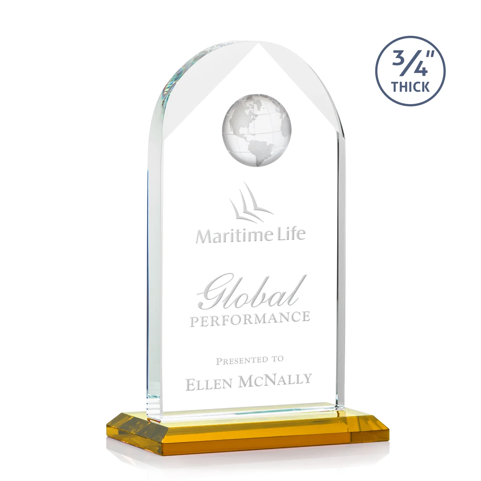 Custom Starfire Crystal Arch Award with Optical Crystal Globe on Top for donor appreciation