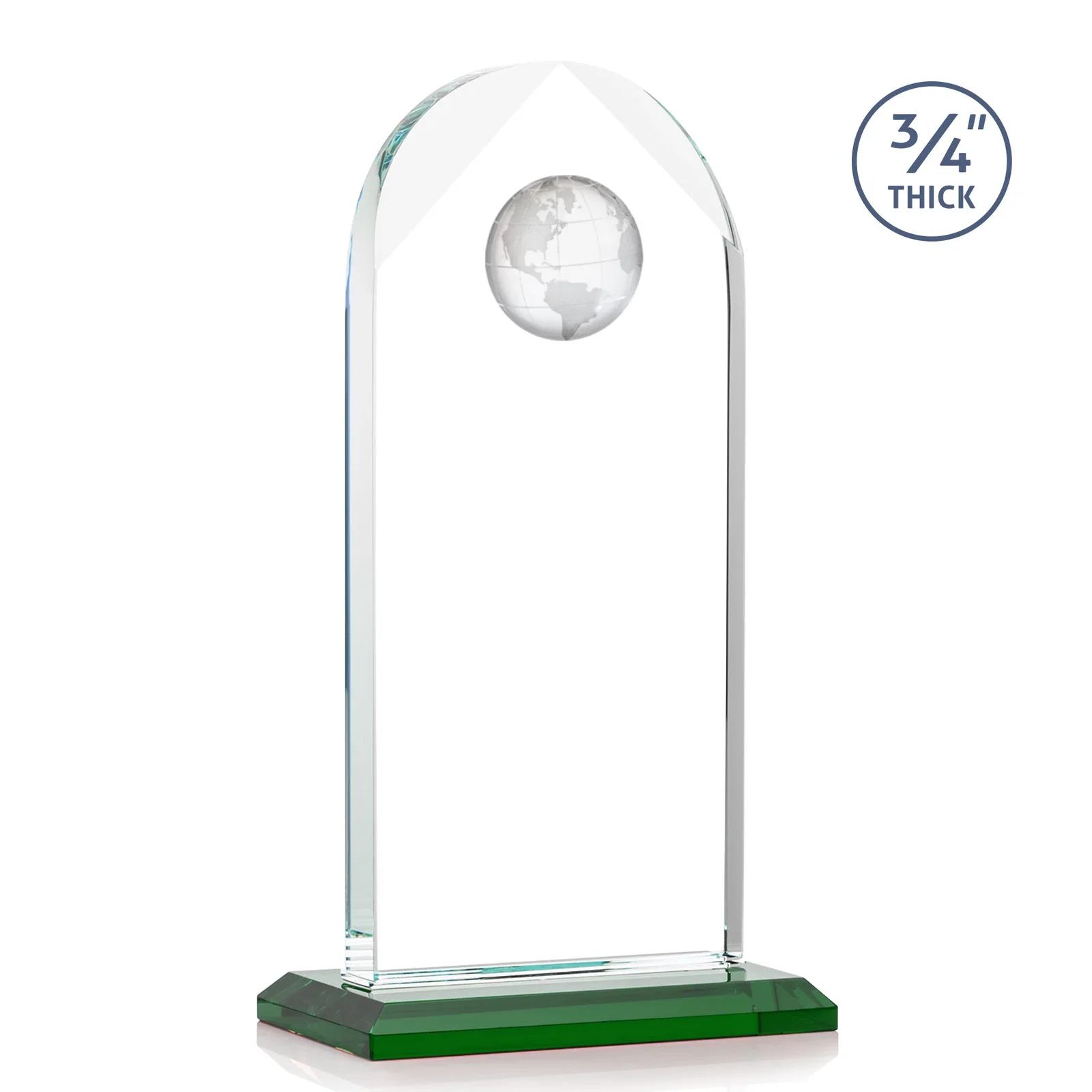 Custom engraved Starfire Crystal Arch Award with Optical Crystal Globe on Top for employee recognition