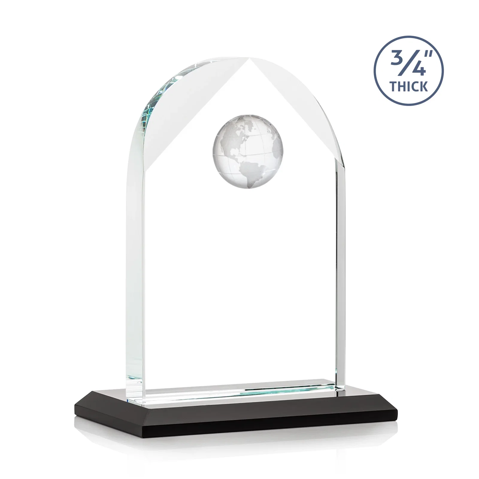 Custom engraved Starfire Crystal Arch Award with Optical Crystal Globe on Top for corporate award ceremonies