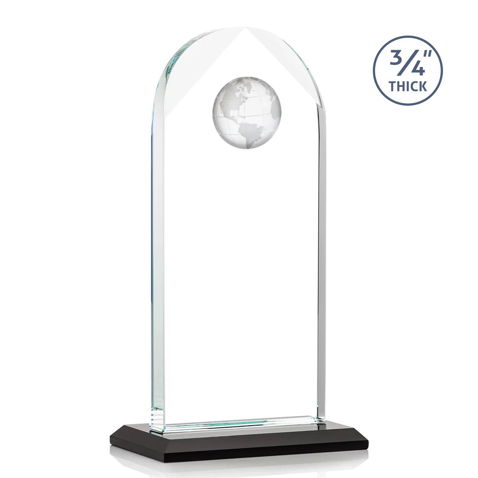 Custom engraved Starfire Crystal Arch Award with Optical Crystal Globe on Top for sales achievement awards