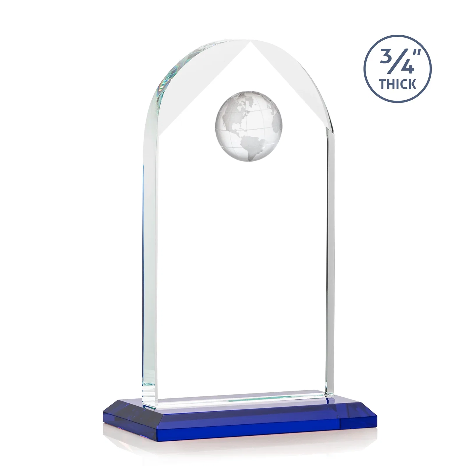 Custom engraved Starfire Crystal Arch Award with Optical Crystal Globe on Top for team milestone celebrations