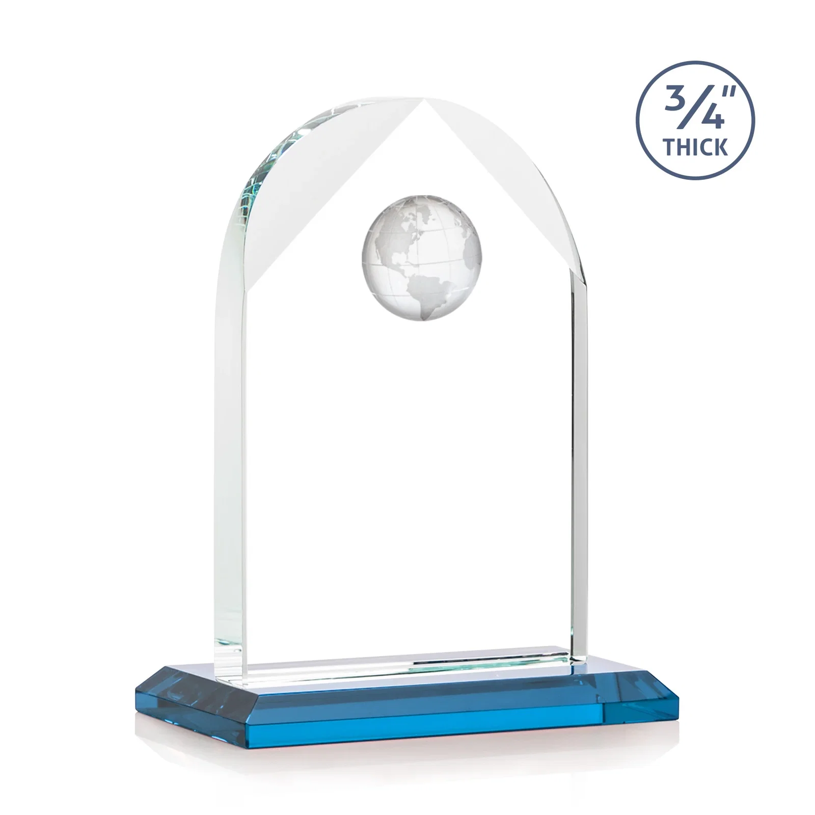 Custom engraved Starfire Crystal Arch Award with Optical Crystal Globe on Top for dealer and partner awards