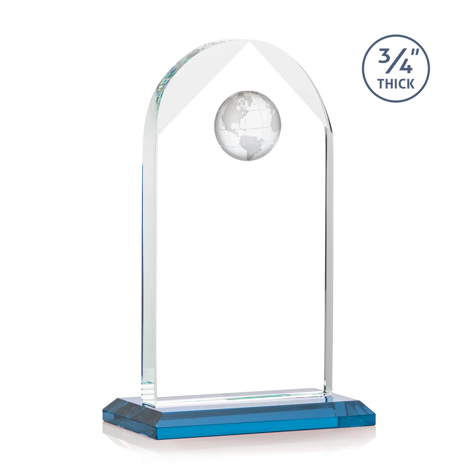 Custom engraved Starfire Crystal Arch Award with Optical Crystal Globe on Top for company anniversary events