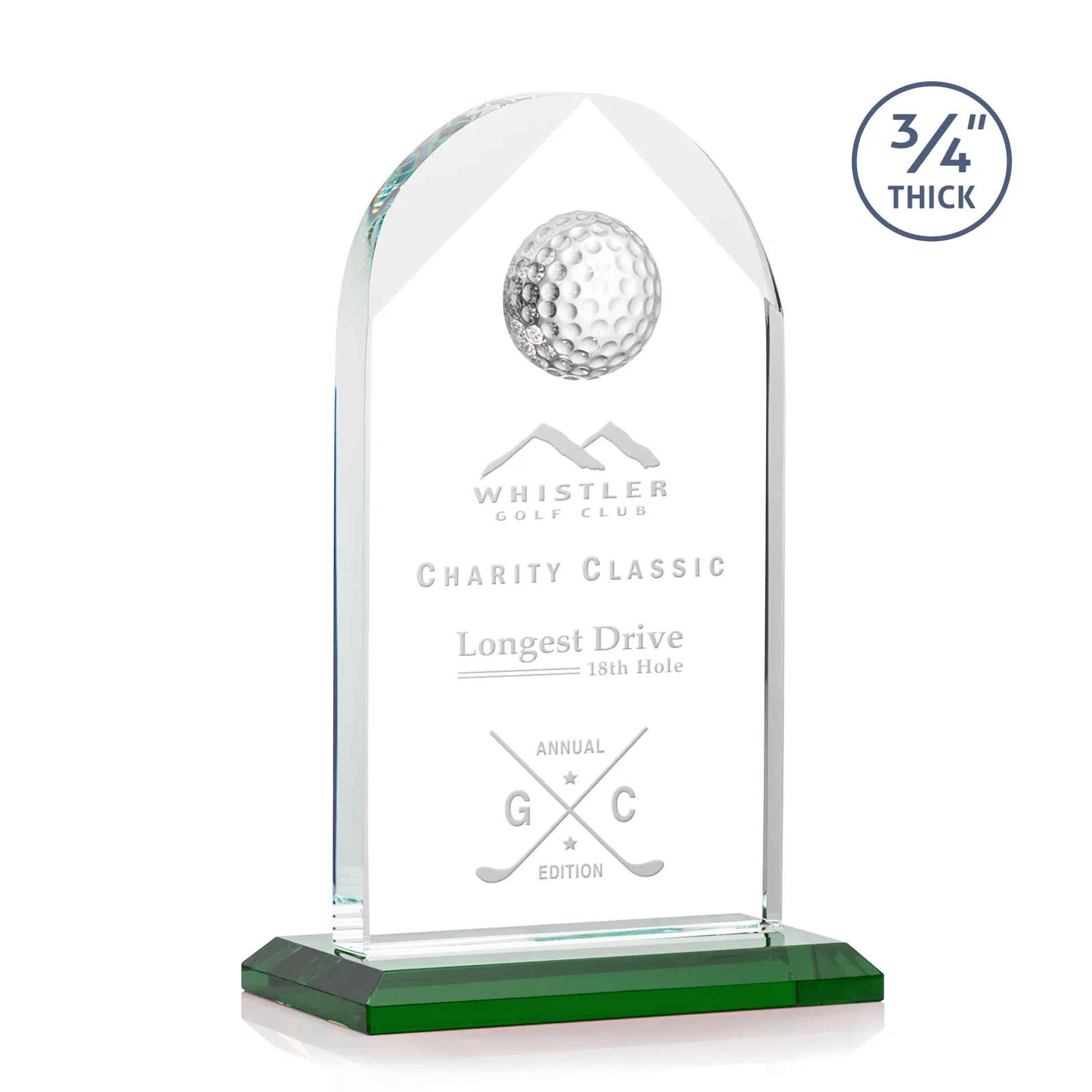 Custom Starfire Crystal Arch Award with Ball on Mitered Base for dealer and partner awards