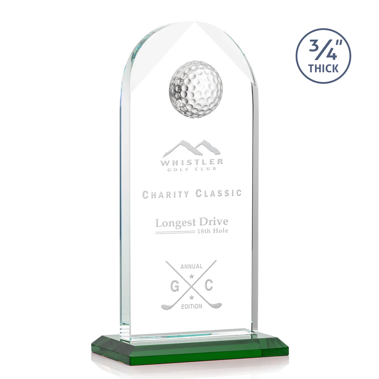 Custom Starfire Crystal Arch Award with Ball on Mitered Base for company anniversary events