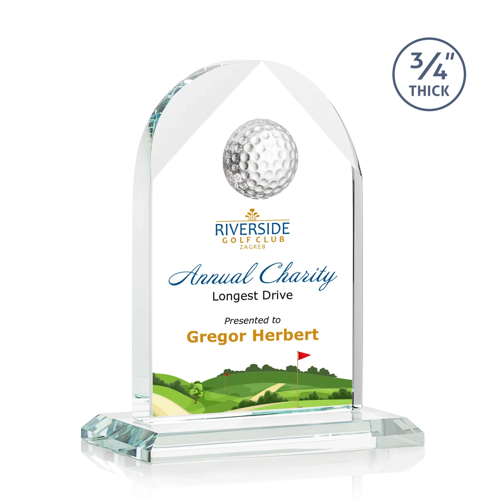 Personalized Starfire Crystal Arch Award with Ball on Mitered Base for corporate award ceremonies