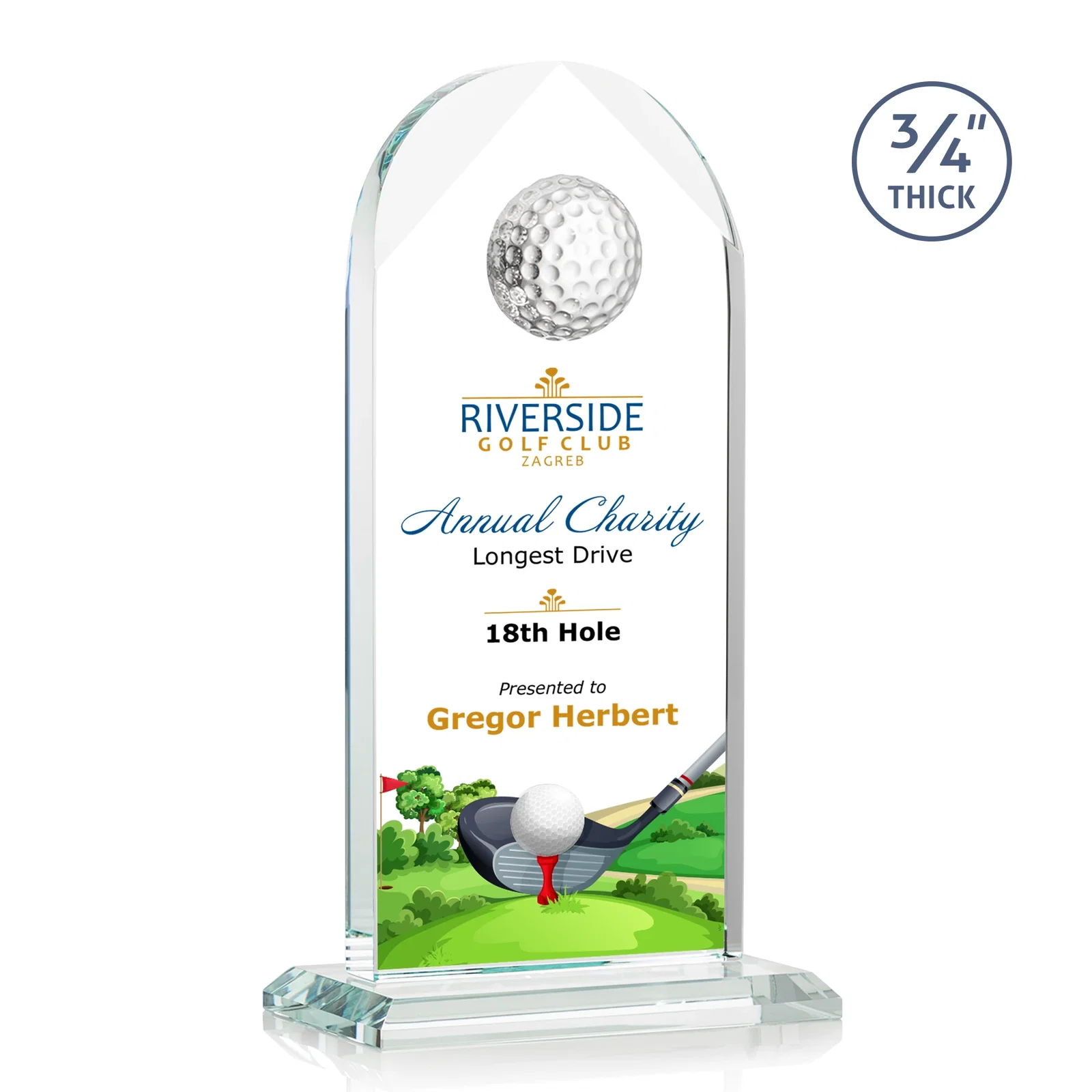 Personalized Starfire Crystal Arch Award with Ball on Mitered Base for sales achievement awards