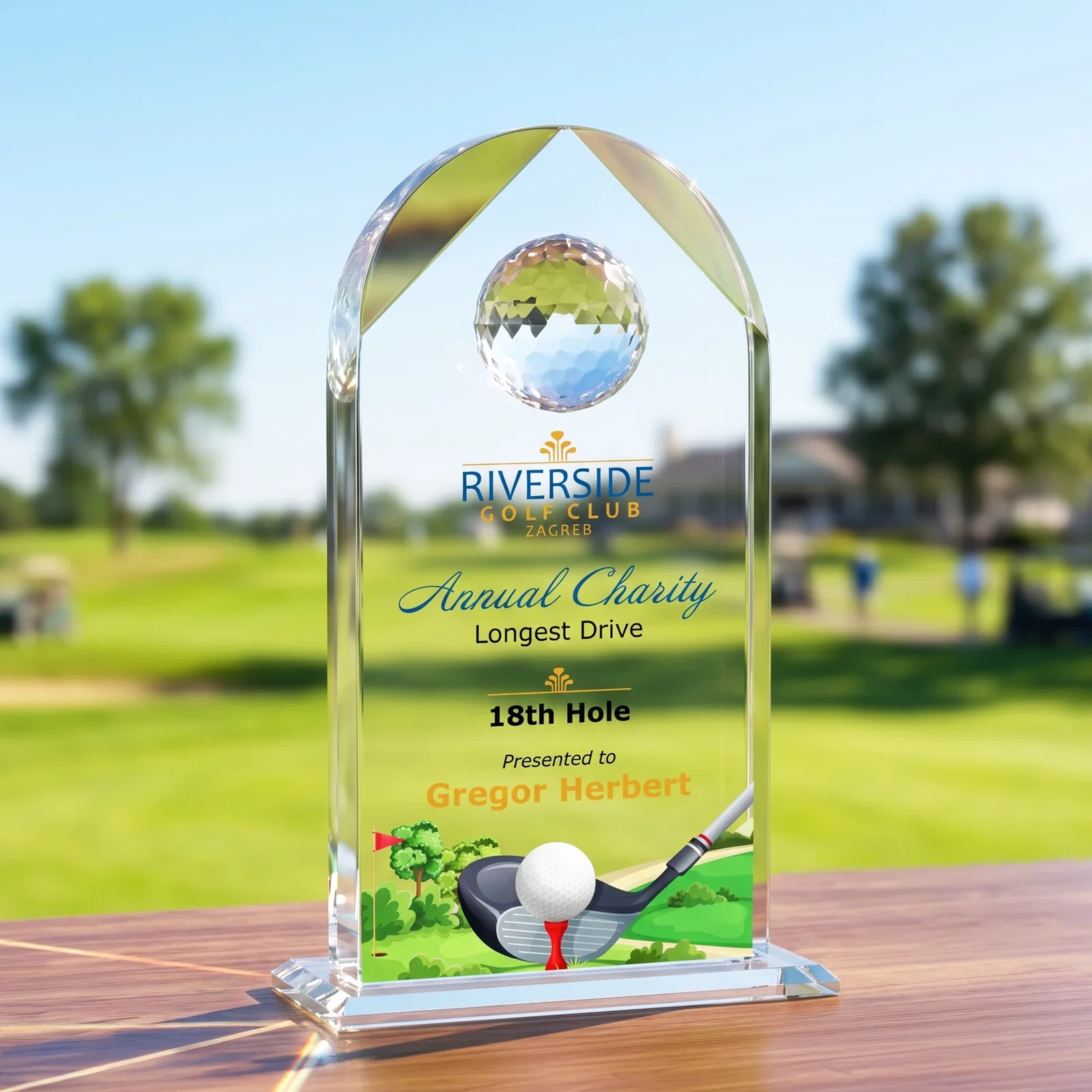 Personalized Starfire Crystal Arch Award with Ball on Mitered Base for retirement presentations