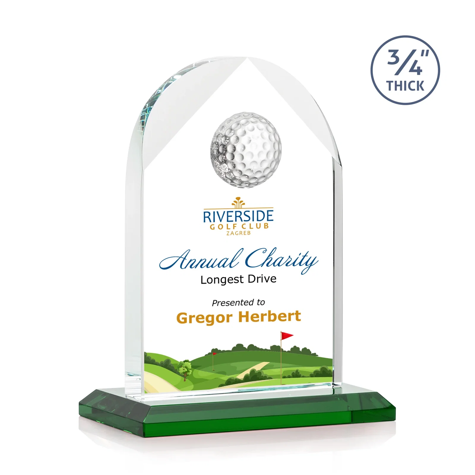 Personalized Starfire Crystal Arch Award with Ball on Mitered Base for donor appreciation