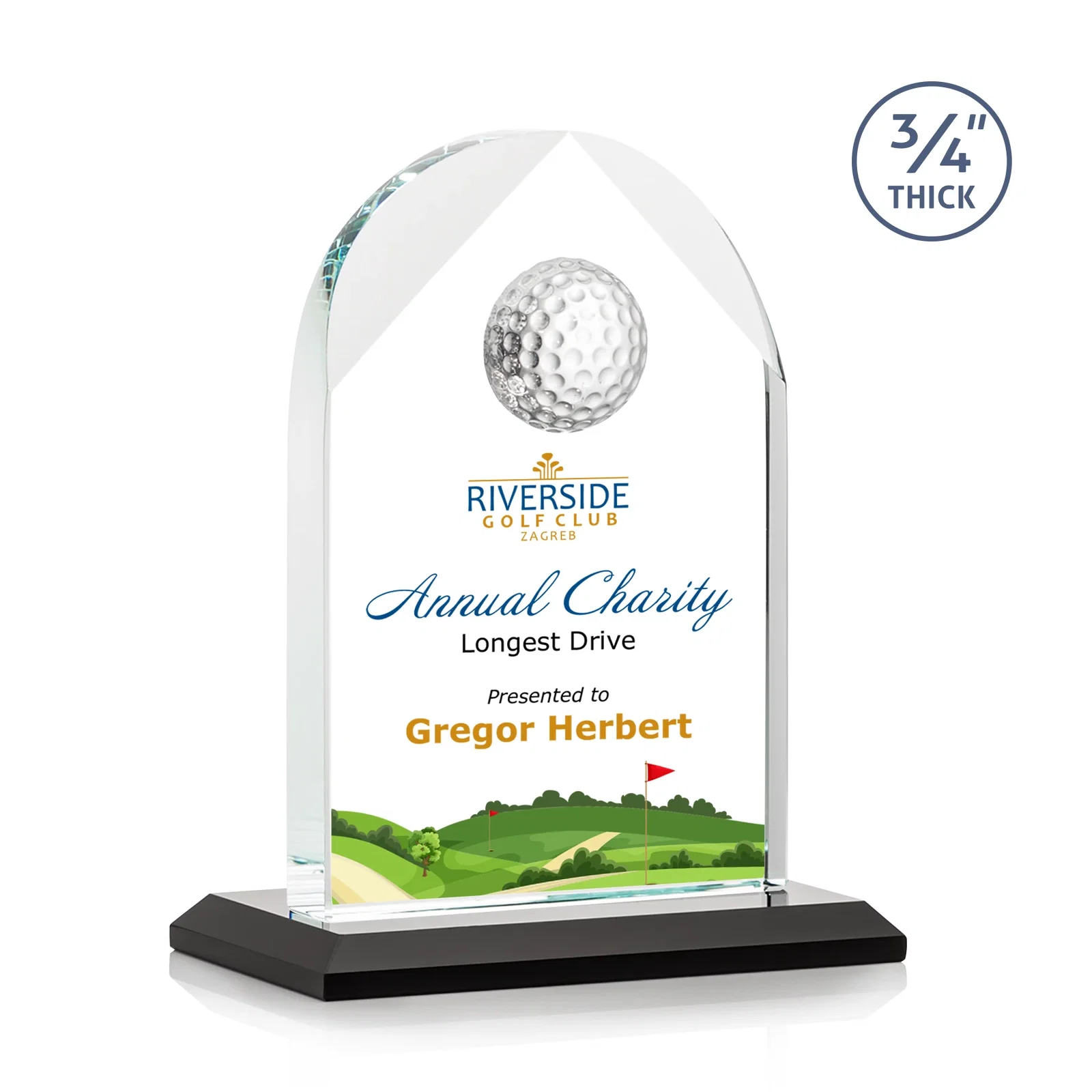 Personalized Starfire Crystal Arch Award with Ball on Mitered Base for dealer and partner awards