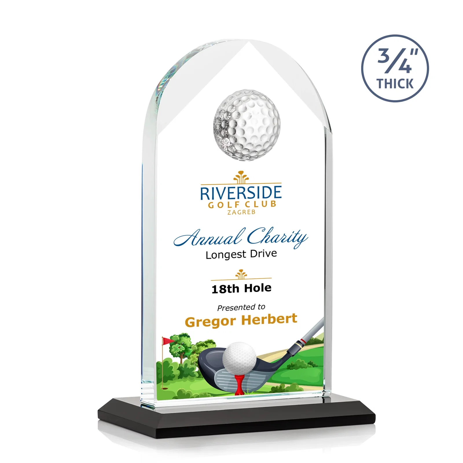 Personalized Starfire Crystal Arch Award with Ball on Mitered Base for company anniversary events