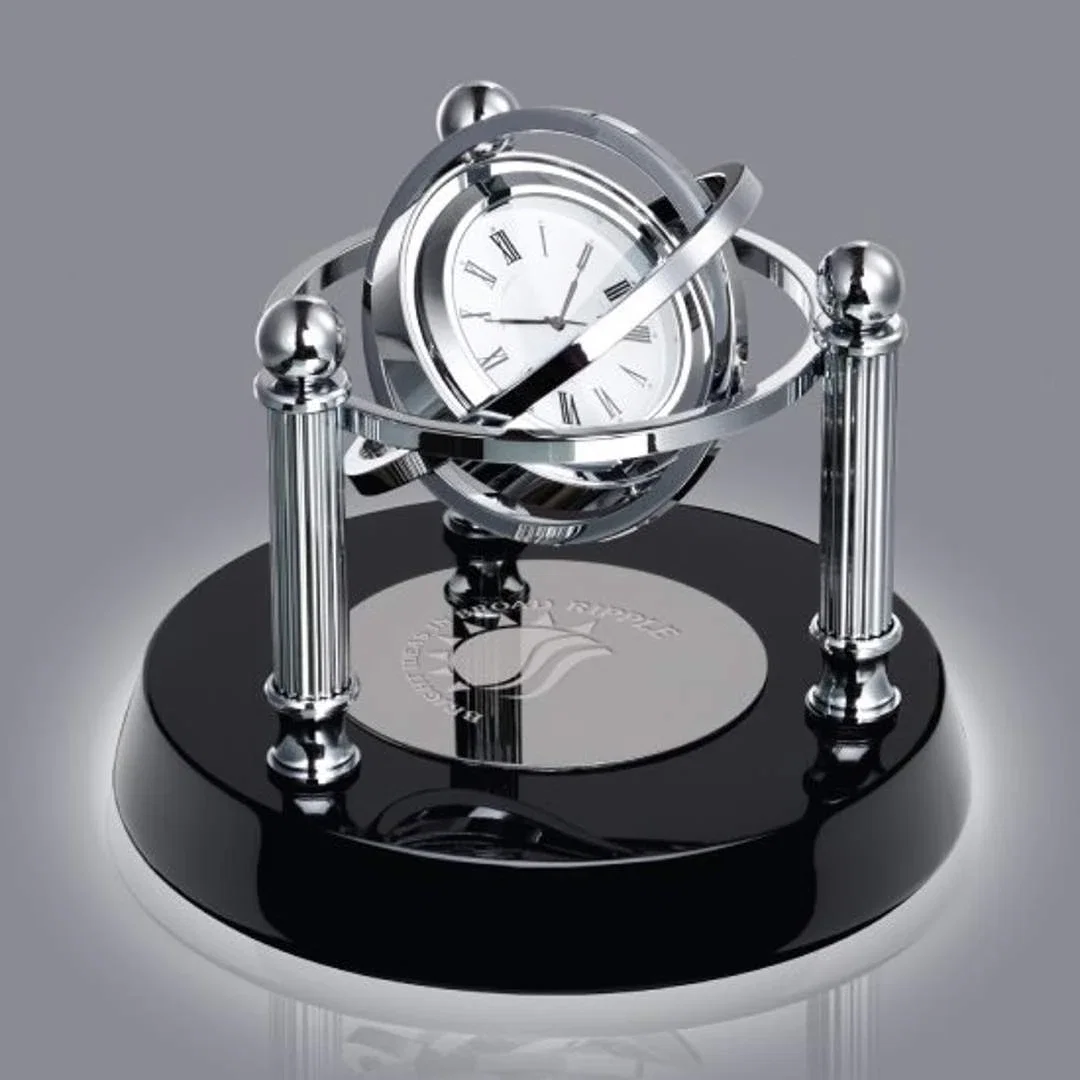 Custom Gyroscopic Chrome Desk Clock on Black Piano Finish Base for employee recognition