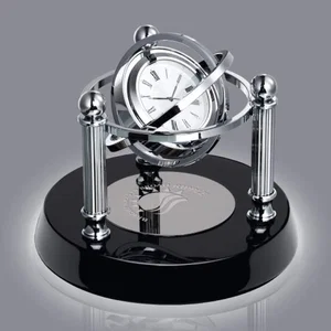 Gyroscopic Chrome Desk Clock on Black Piano Finish Base