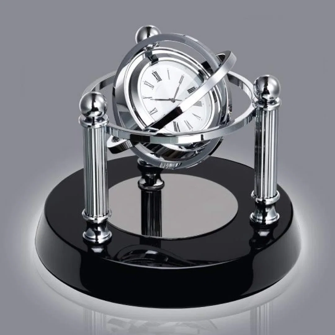 Custom Gyroscopic Chrome Desk Clock on Black Piano Finish Base for corporate award ceremonies