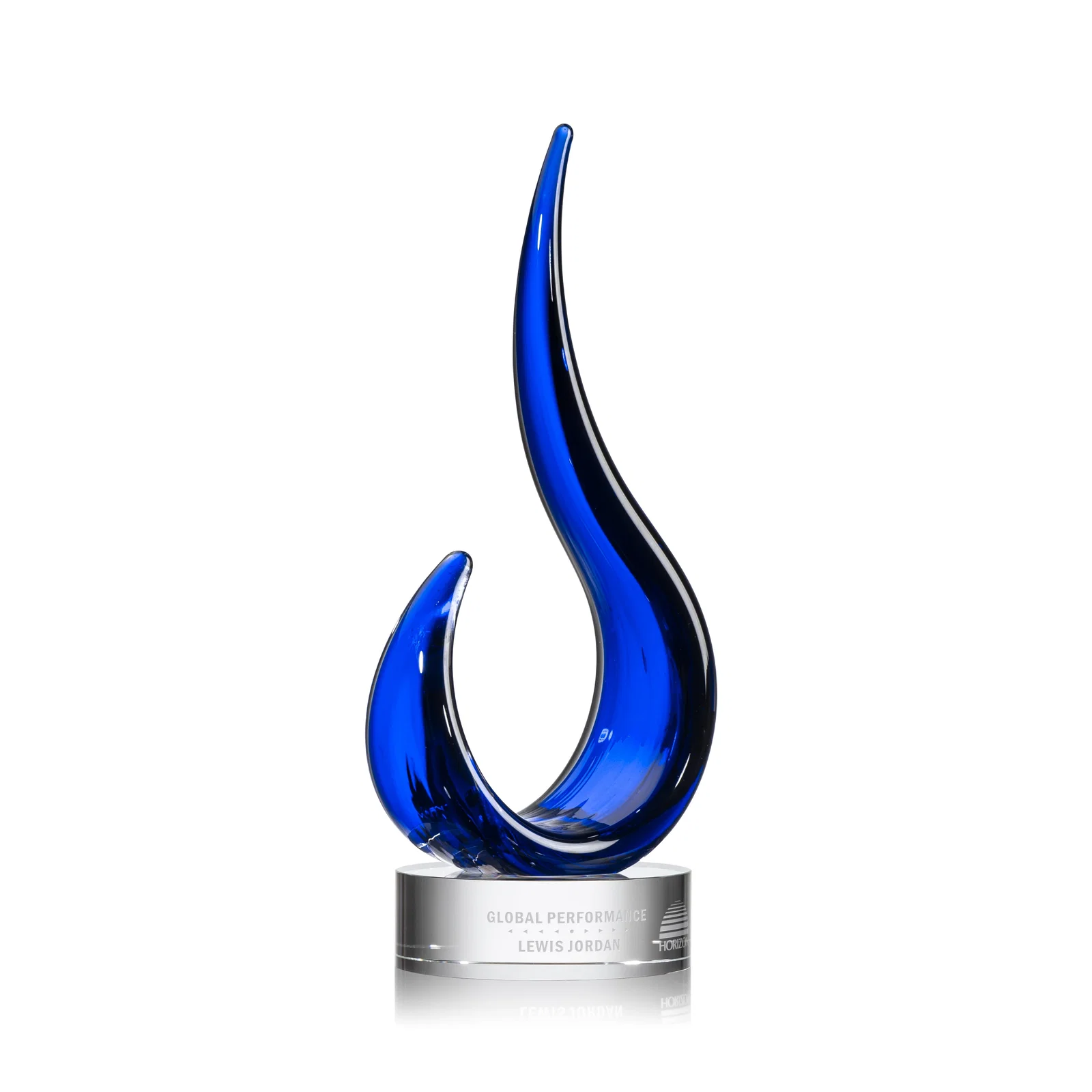 Custom Royal Blue Glass Swoop Award Rising From Optical Base for corporate award ceremonies