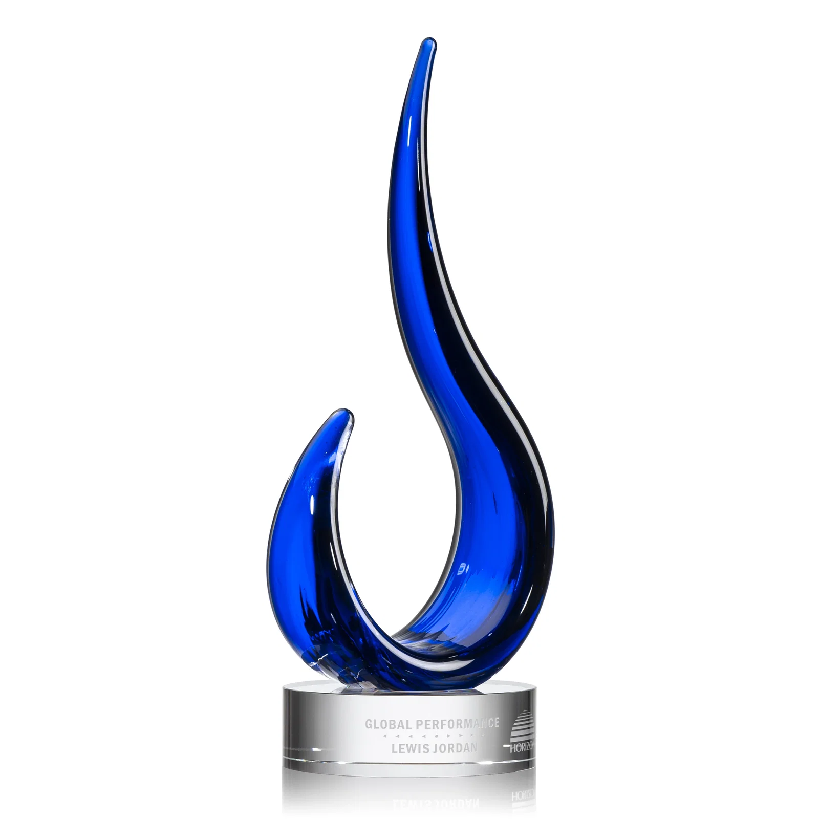 Custom Royal Blue Glass Swoop Award Rising From Optical Base for service anniversary gifts