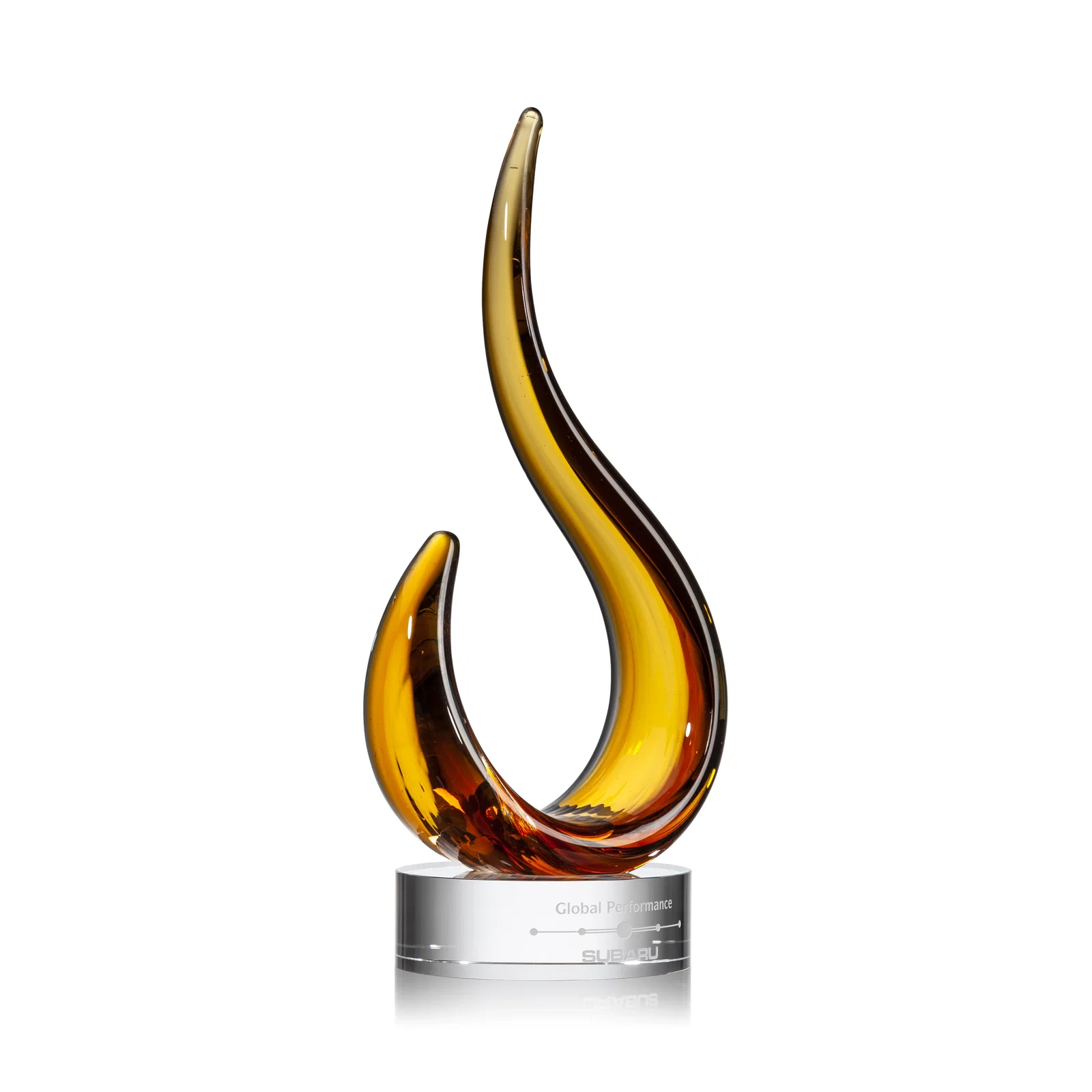 Custom Royal Blue Glass Swoop Award Rising From Optical Base for retirement presentations