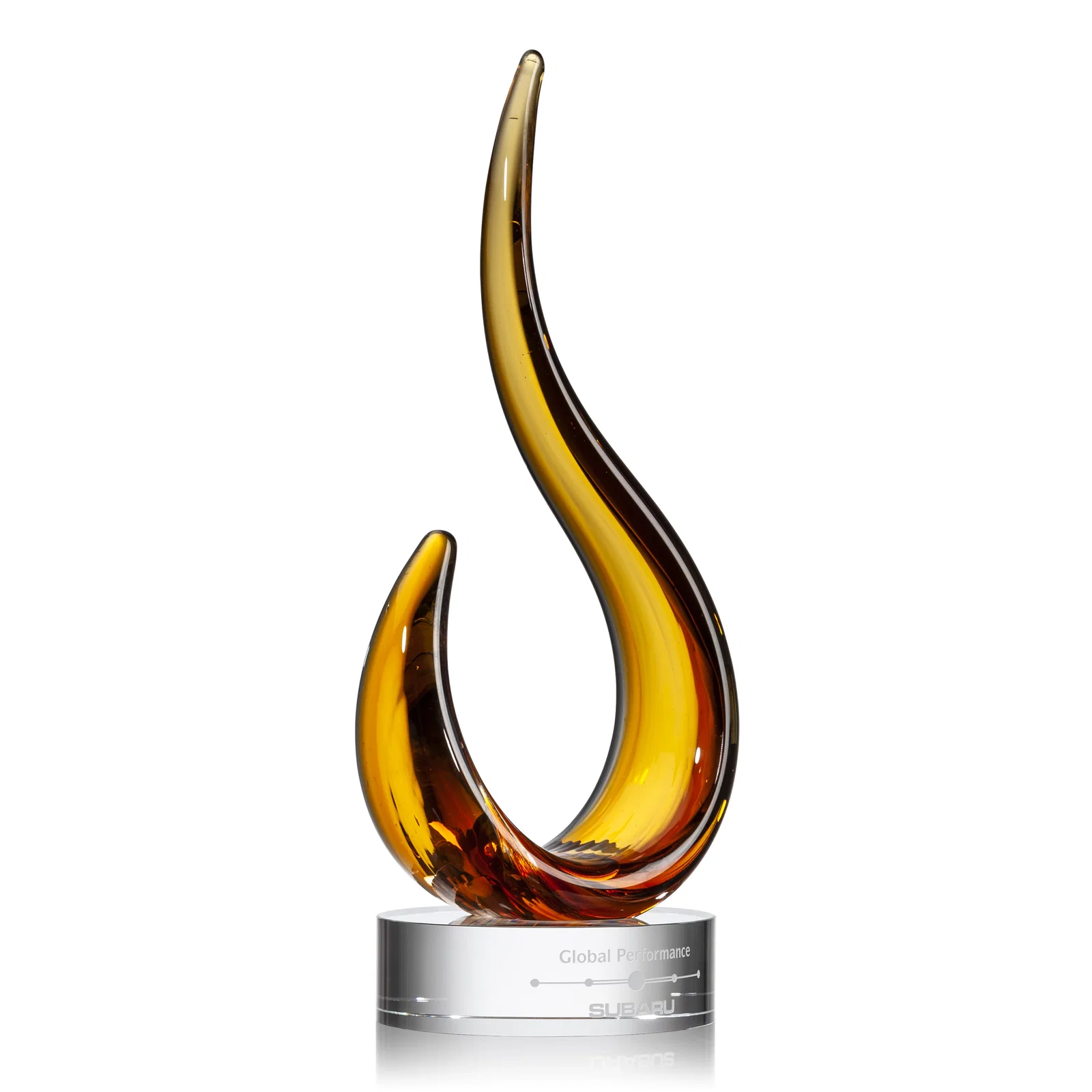 Custom Royal Blue Glass Swoop Award Rising From Optical Base for team milestone celebrations