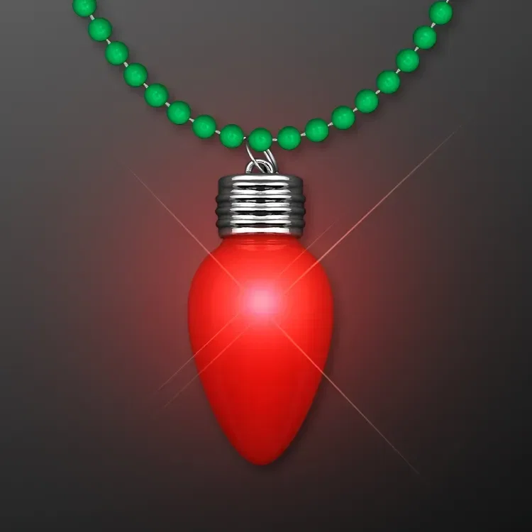 Blinking Red Bulb Christmas Charm on Green Beads — view 2
