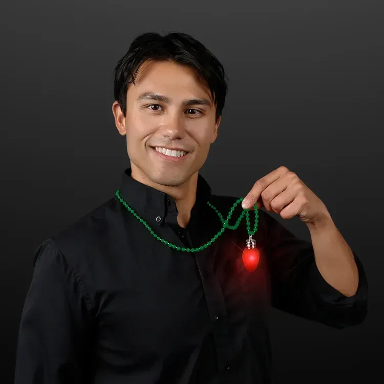 Blinking Red Bulb Christmas Charm on Green Beads — view 5