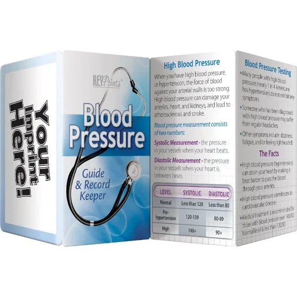 Blood Pressure Guide & Record Card panel with healthy eating and exercise tips