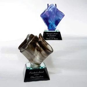 Veined Art Glass Flame Award With Mirrored Reflector Base