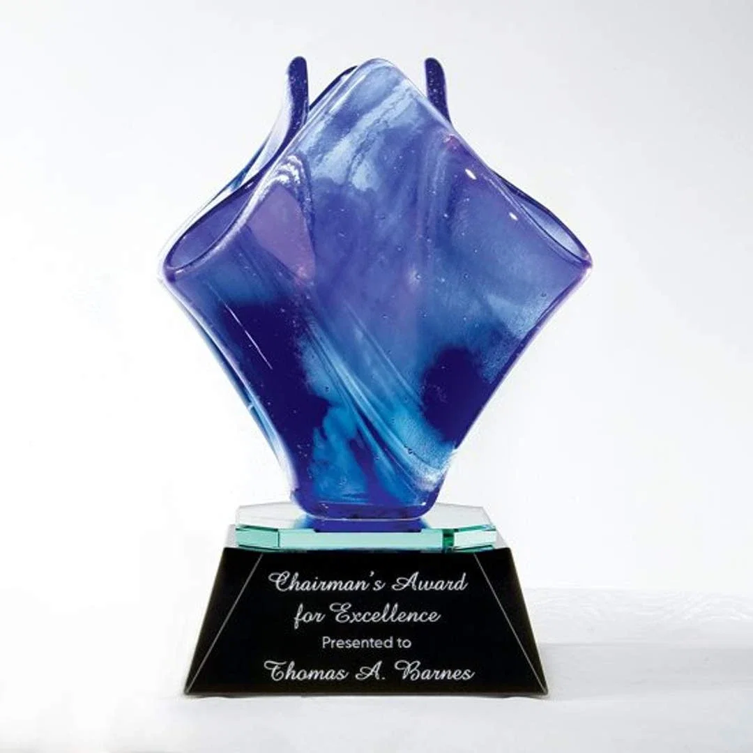 Custom Veined Art Glass Flame Award With Mirrored Reflector Base for corporate award ceremonies