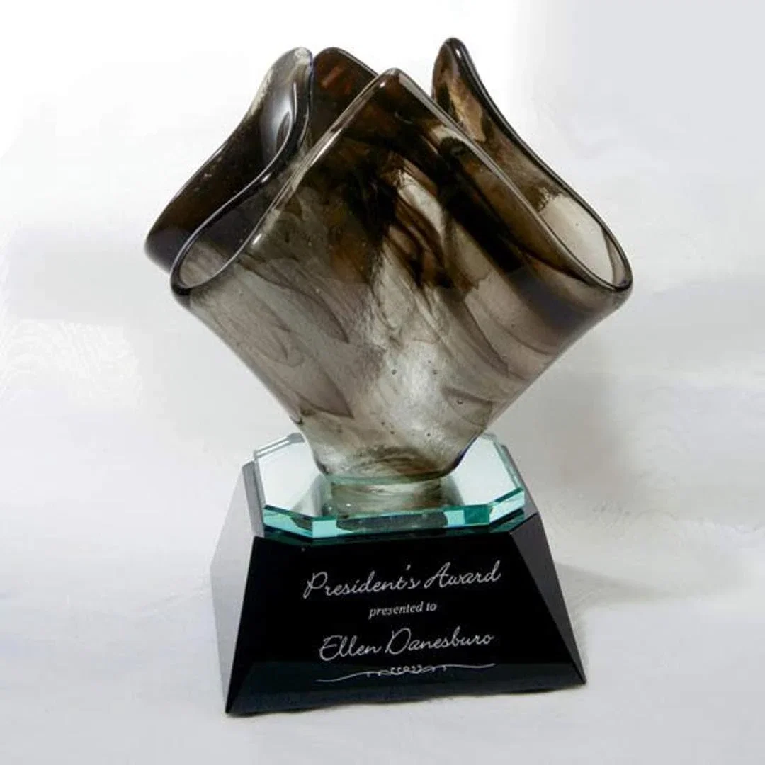Custom Veined Art Glass Flame Award With Mirrored Reflector Base for service anniversary gifts