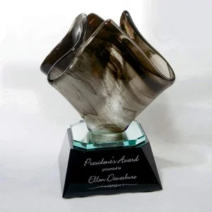 Veined Art Glass Flame Award With Mirrored Reflector Base