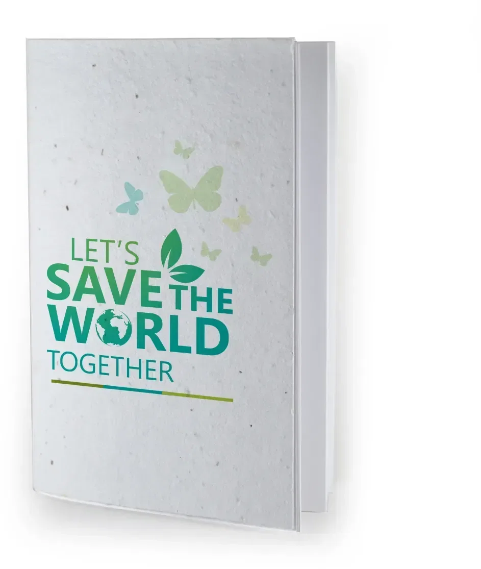 Seed paper notebook shown closed with a plain white plantable cover