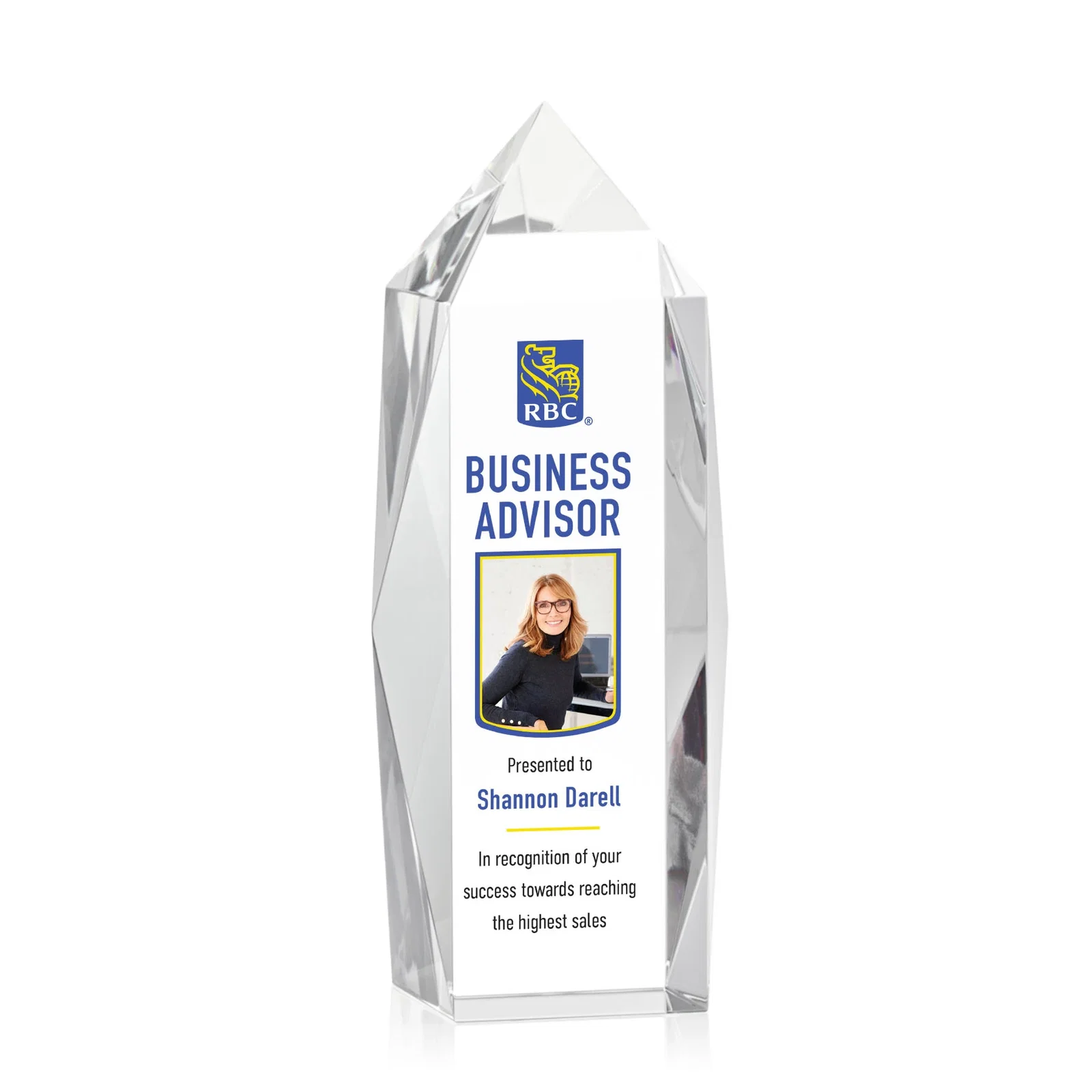 Custom Freestanding Beveled Optical Crystal Obelisk Award, awards for company anniversary events