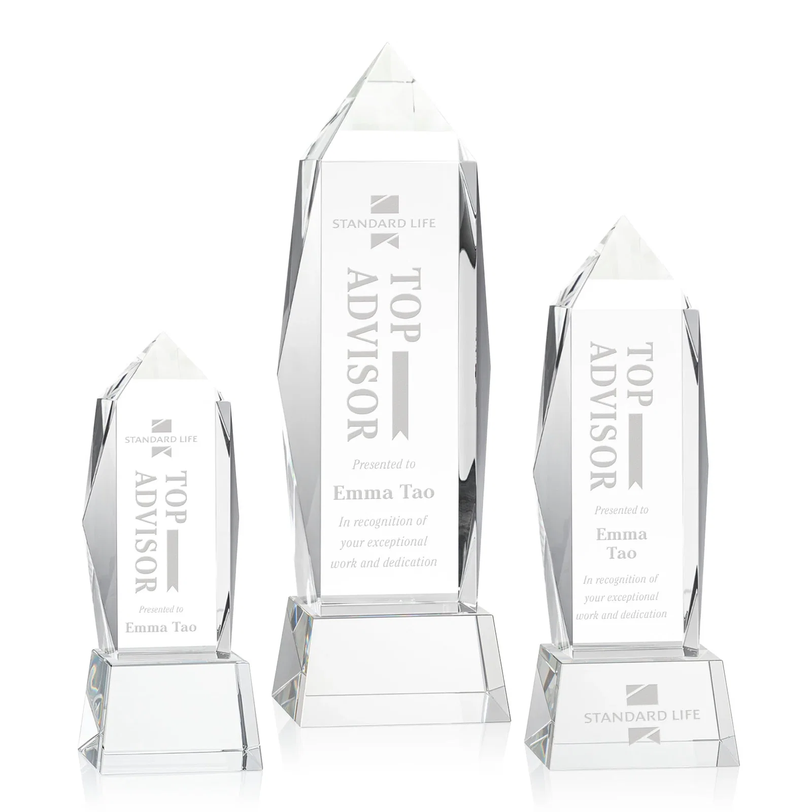 Custom Optical Crystal Obelisk Award on Tapered Crystal Base, awards for employee recognition