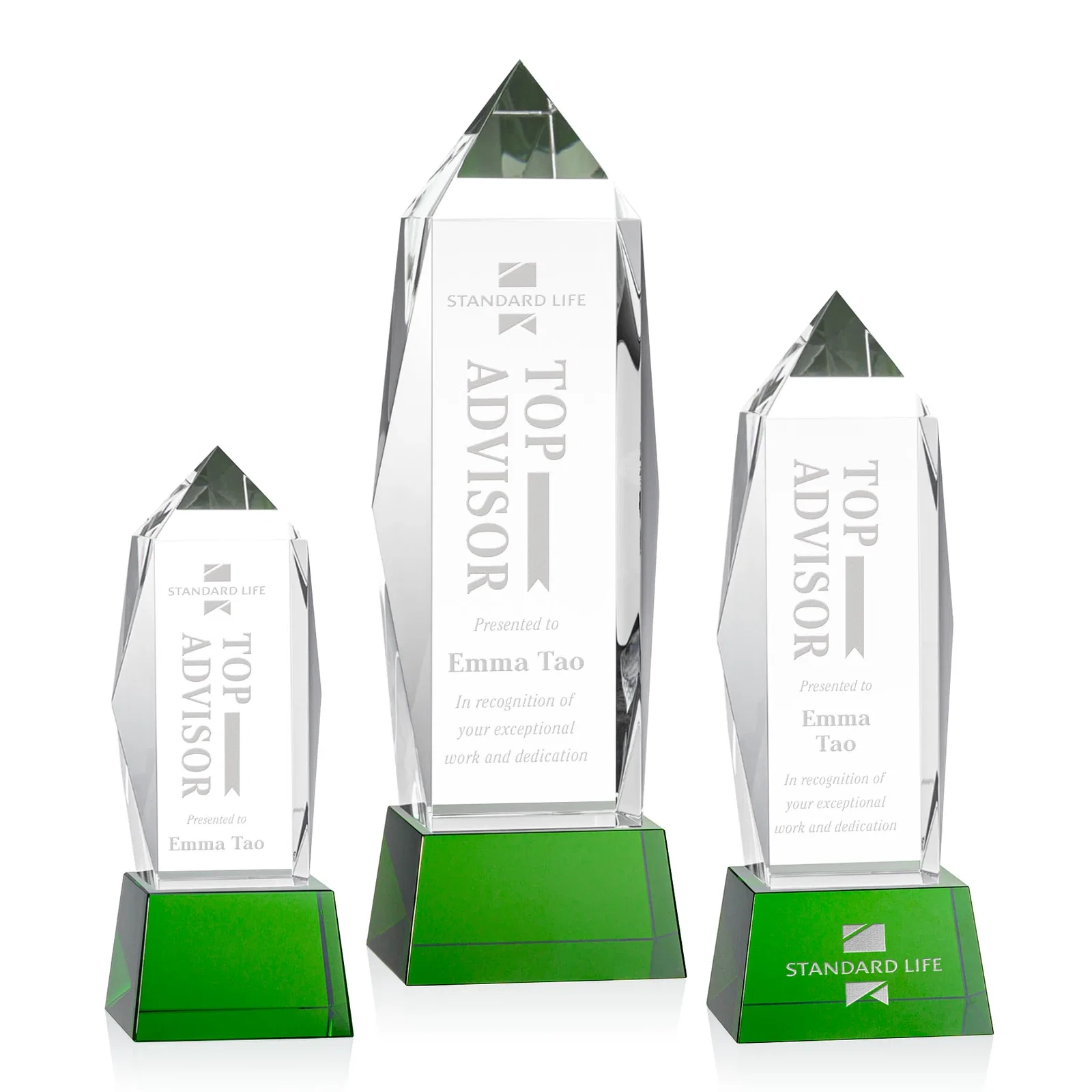 Custom Optical Crystal Obelisk Award on Tapered Crystal Base, awards for volunteer appreciation