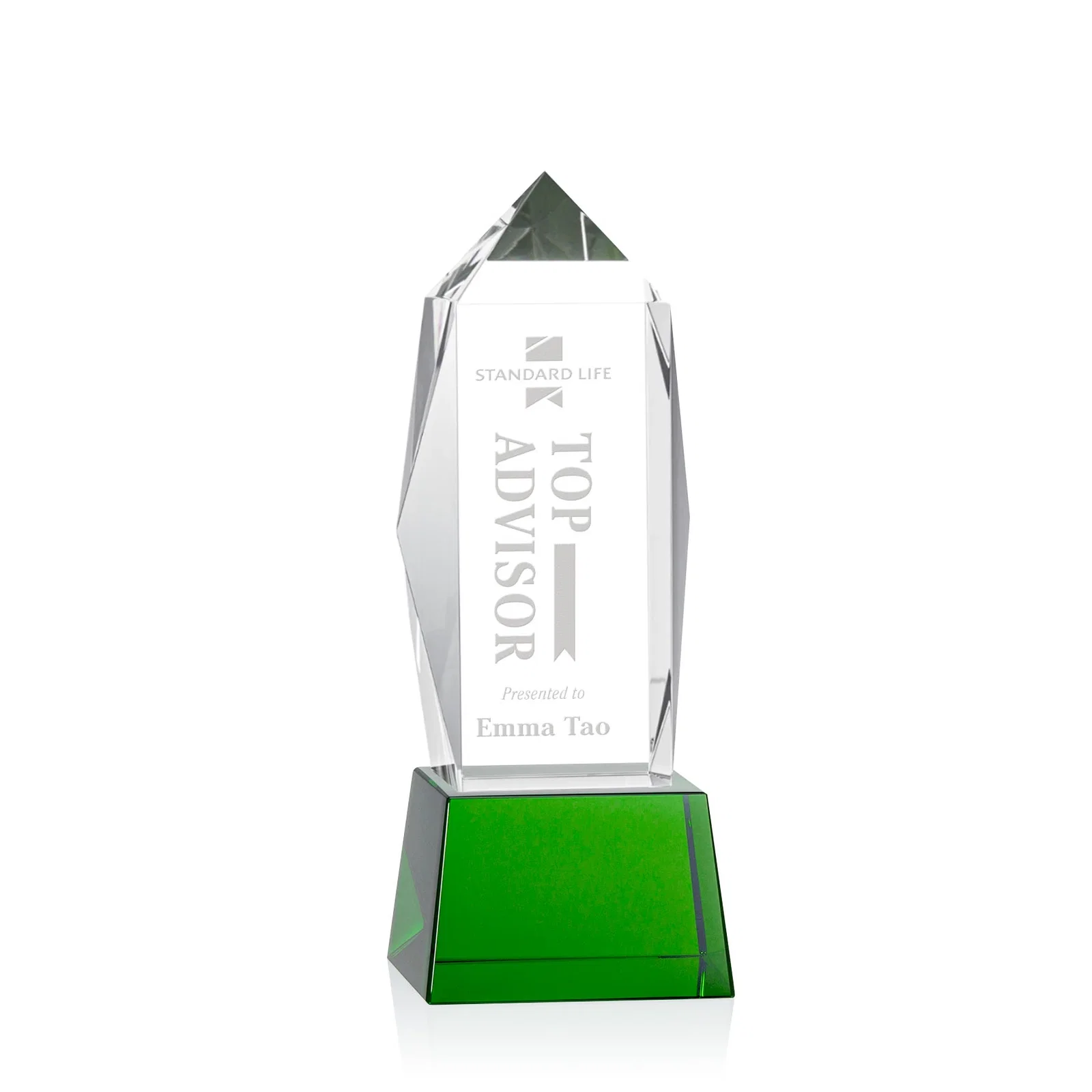 Custom Optical Crystal Obelisk Award on Tapered Crystal Base, awards for dealer and partner awards
