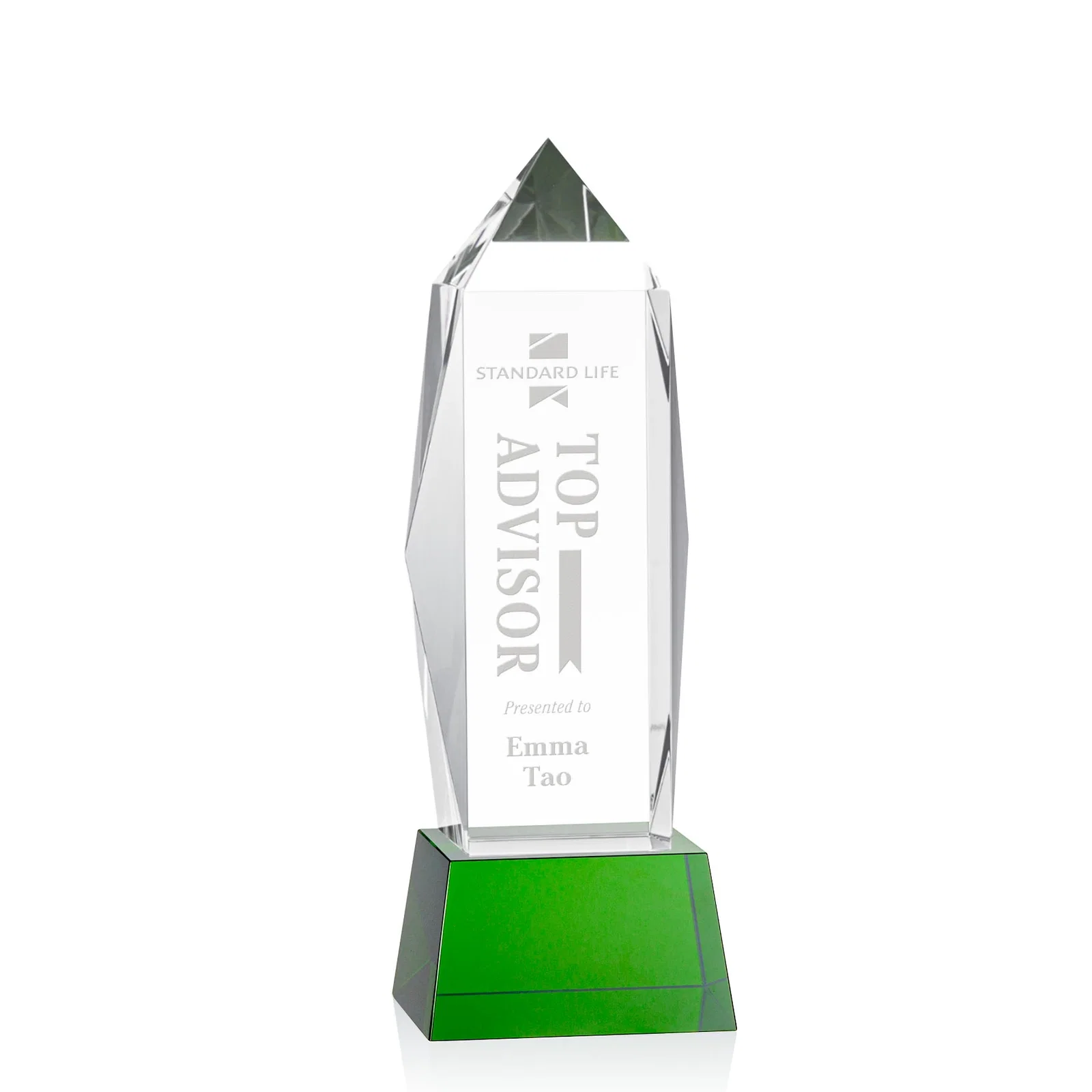 Custom Optical Crystal Obelisk Award on Tapered Crystal Base, awards for company anniversary events