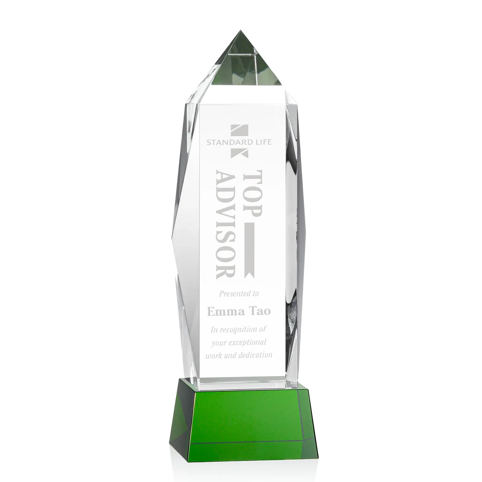 Personalized Optical Crystal Obelisk Award on Tapered Crystal Base, awards for employee recognition