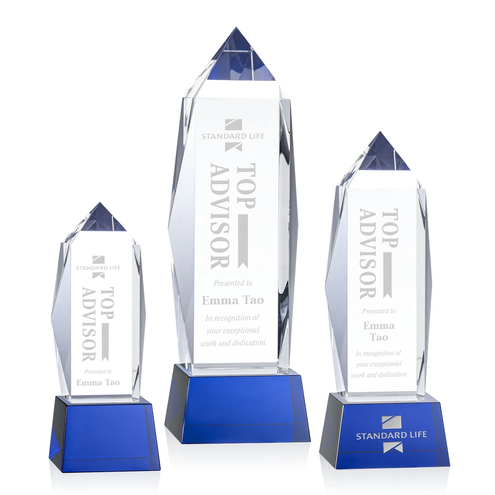 Personalized Optical Crystal Obelisk Award on Tapered Crystal Base, awards for corporate award ceremonies